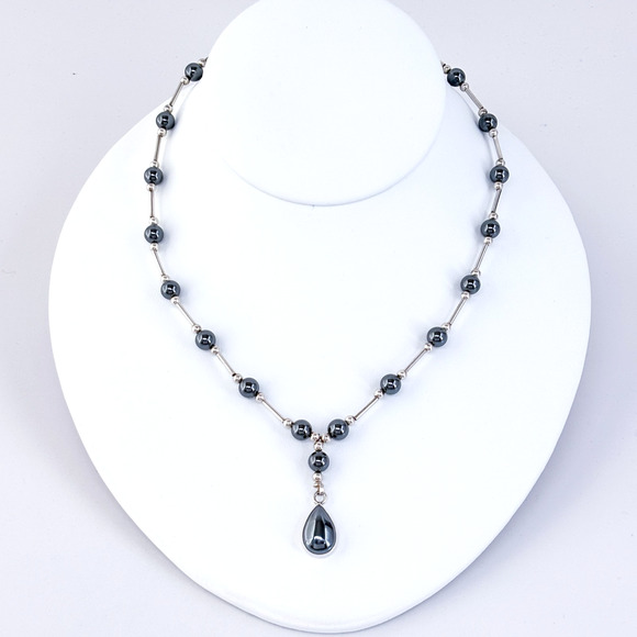 Vintage Sterling Silver 925 Hematite Bead Drop Pendant Necklace 16” - Picture 1 of 6